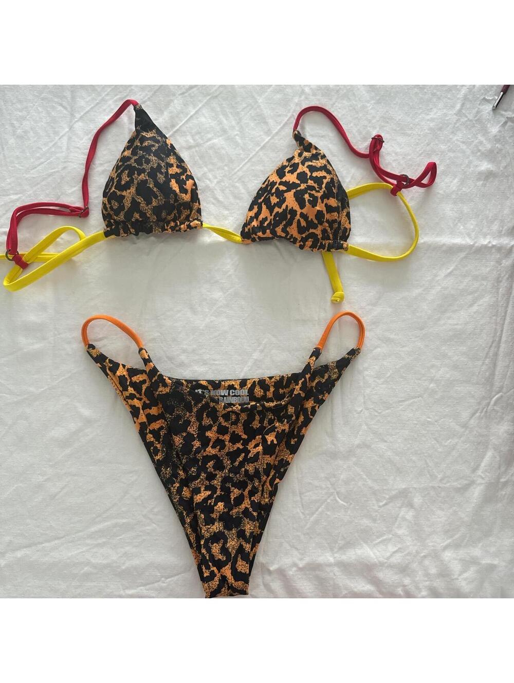 Double Rainbow Leopard Print Bikini Set with Colorful Straps